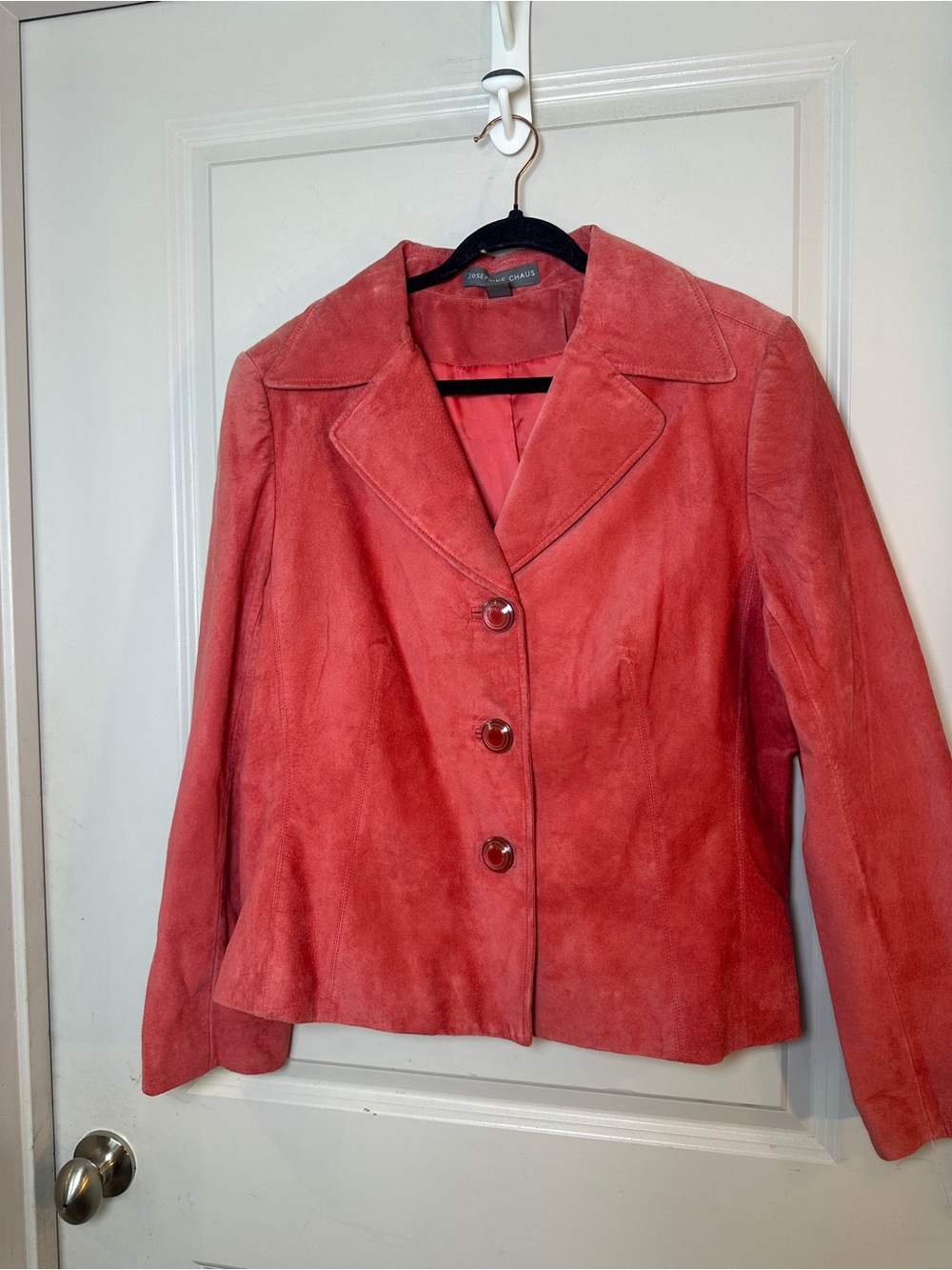 Vintage 90’s Josephine Chaus Salmon Pink Suede Leather 3 Button Blazer, Size 16